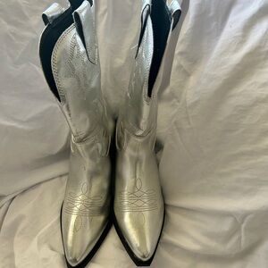 Indigo Silver Heeled Boots with Metallic Finish